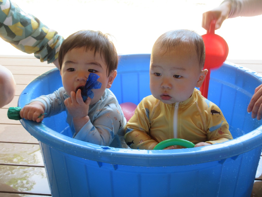 ３回目にして慣れてきた様子で、仲良く２人でたらいに入りました🎶